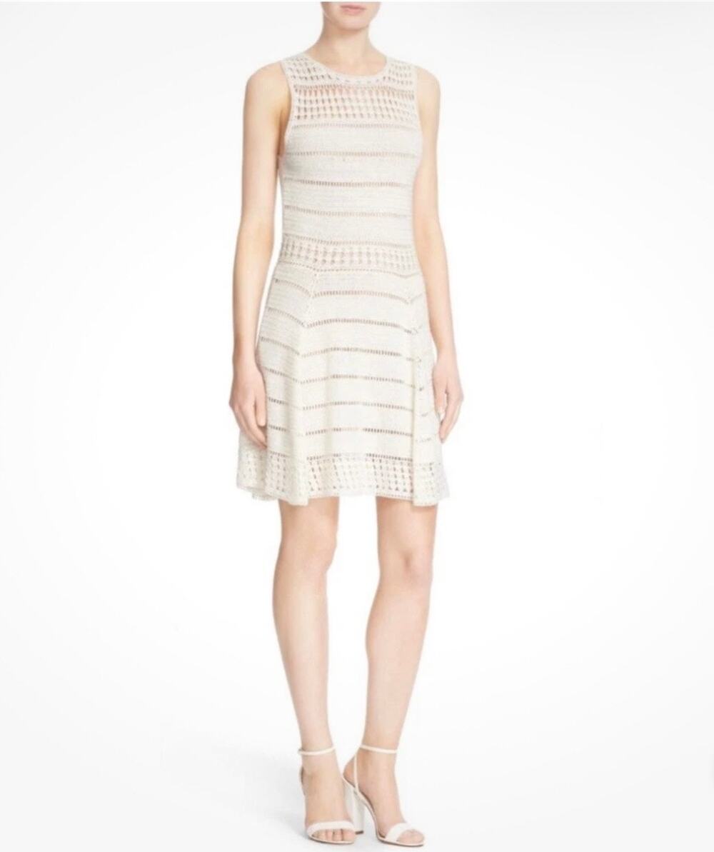 Alice + Olivia Noella Crochet A-Line Dress Cream Off White Size Large Linen Blen